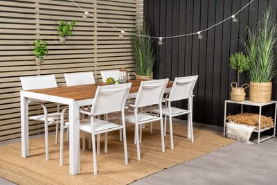 Venture Home Santorini & Bois 6 st Matstolar Vit + Rektangulärt Matbord 200 x 100 Natur