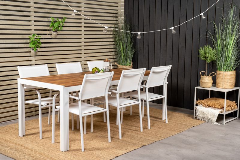 Venture Home Santorini & Bois 6 st Matstolar Vit + Rektangulärt Matbord 200 x 100 Natur