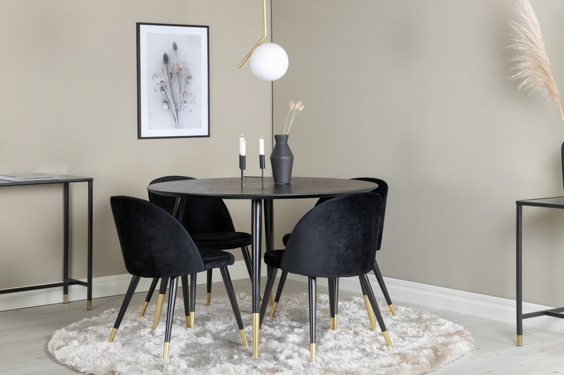 Venture Home Dipp & Velvet Runt Matbord ⌀115 Svart + 4 st Matstolar Svart