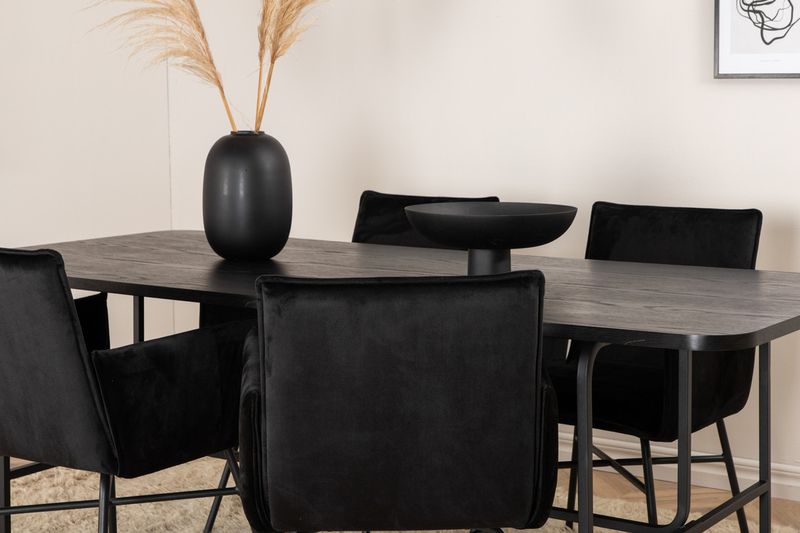 Venture Home Petra & Uno 4 st Matstolar Svart + Rektangulärt Matbord 200 x 90 Svart