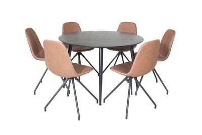 Venture Home Dipp & Polar Runt Matbord ⌀115 Svart + 6 st Matstolar Brun