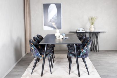 Venture Home Dipp & Velvet Rektangulärt Matbord 180 x 90 Svart + 6 st Matstolar Svart