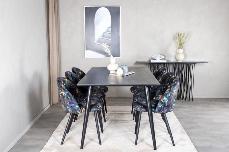Venture Home Dipp & Velvet Rektangulärt Matbord 180 x 90 Svart + 6 st Matstolar Svart