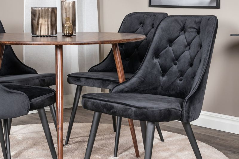 Venture Home Plaza & Velvet Deluxe Runt Matbord ⌀100 Valnöt + 4 st Matstolar Svart