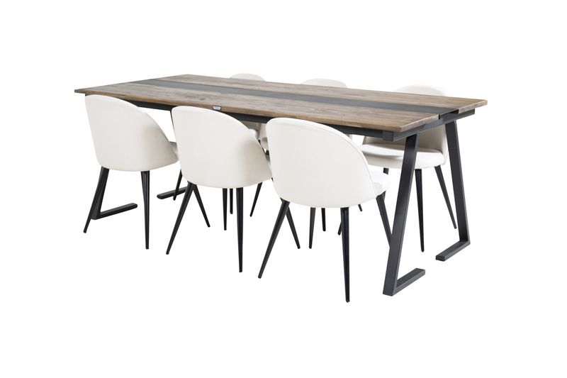 Venture Home Jakarta & Velvet Rektangulärt Matbord 200 x 90 Svart + 6 st Matstolar Grädde
