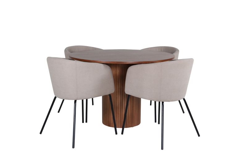Venture Home Berit & Bianca 4 st Matstolar Beige + Runt Matbord ⌀110 Valnöt