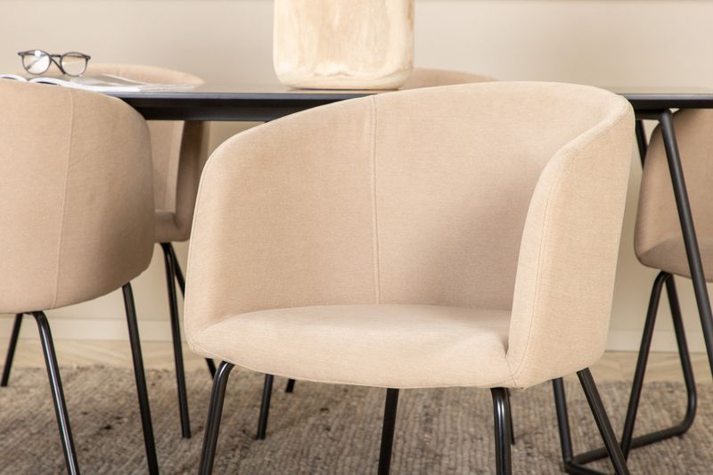 Venture Home Berit & Petra 6 st Matstolar Beige + Rektangulärt Matbord 190 x 90 Svart