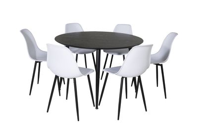 Venture Home Dipp & Polar Runt Matbord ⌀115 Svart + 6 st Matstolar Vit