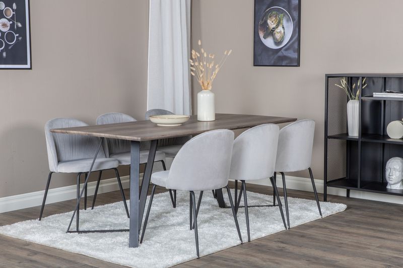 Venture Home Wrinkles & Marina 6 st Matstolar Grå + Rektangulärt Matbord 180 x 90 Natur