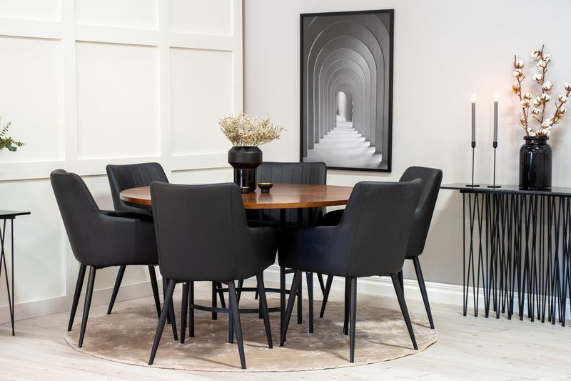 Venture Home Copenhagen & Comfort Runt Matbord ⌀140 Brun + 6 st Matstolar Svart
