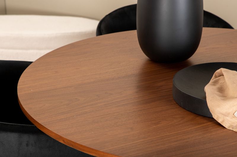 Venture Home Berit & Bianca 4 st Matstolar Svart + Runt Matbord ⌀110 Valnöt