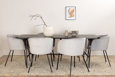 Venture Home Berit & Uno 6 st Matstolar Grå + Rektangulärt Matbord 200 x 90 Svart