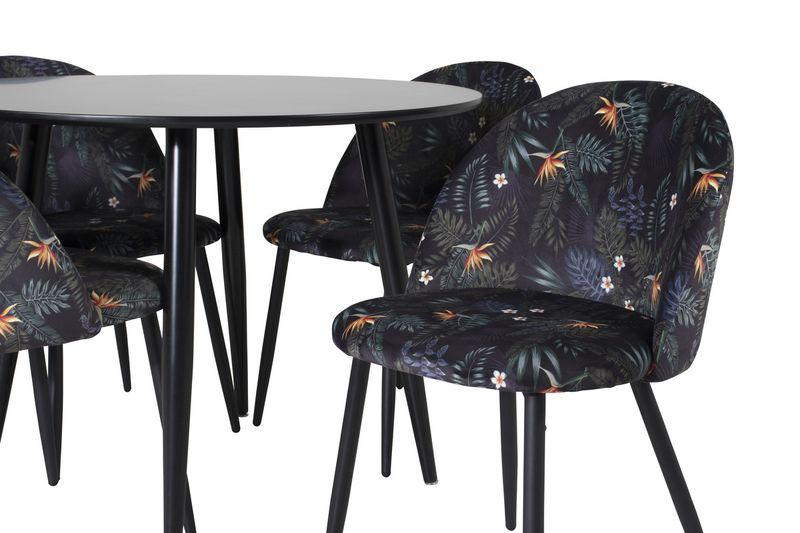 Venture Home Velvet & Plaza 4 st Matstolar Svart + Runt Matbord ⌀100 Svart