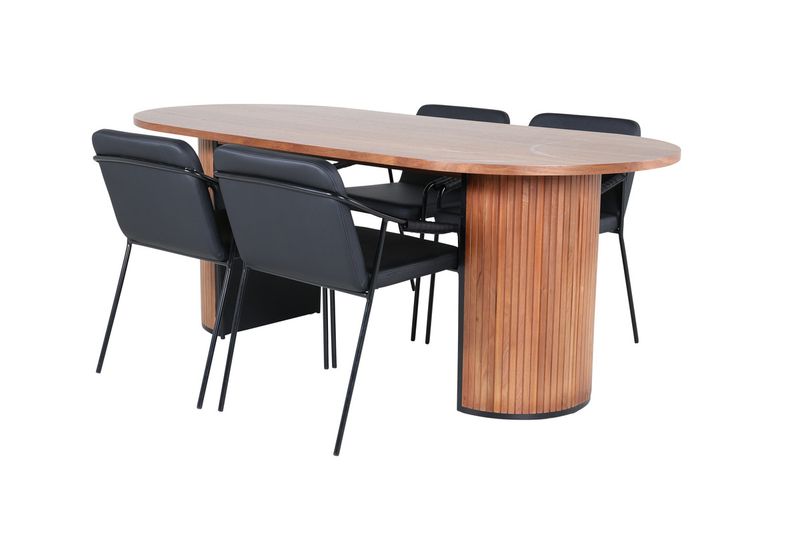 Venture Home Tvist & Bianca Matstolar 4-pack Svart + Ovalt Matbord 200 x 90 Valnöt