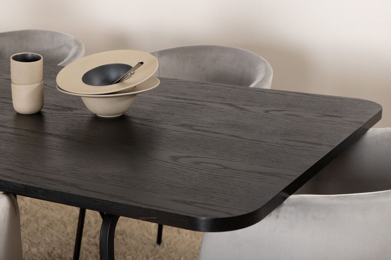 Venture Home Berit & Uno 6 st Matstolar Grå + Rektangulärt Matbord 200 x 90 Svart