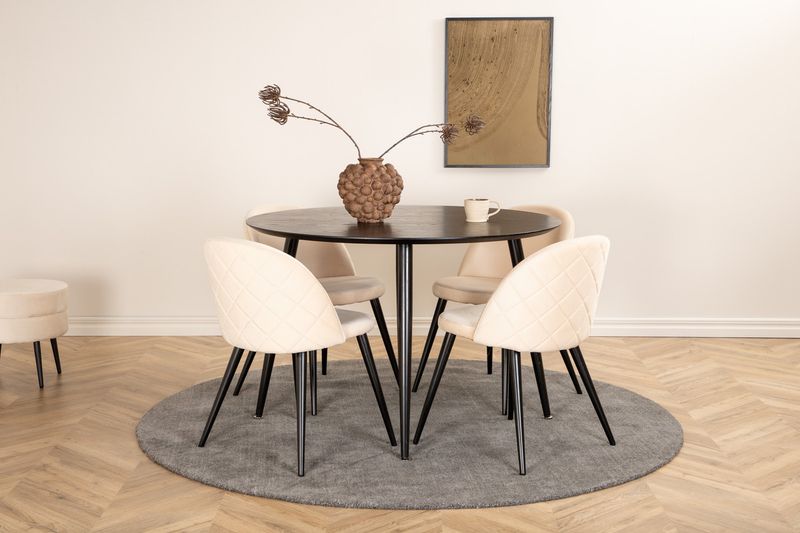 Venture Home Dipp & Velvet Runt Matbord ⌀115 Svart + 4 st Matstolar Beige