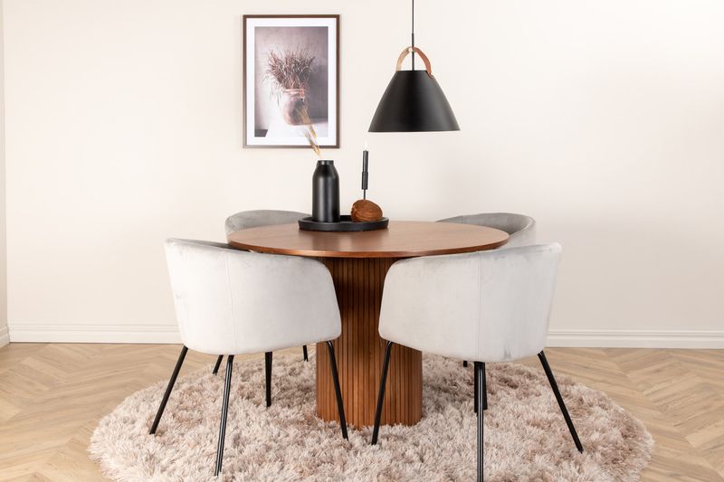 Venture Home Berit & Bianca 4 st Matstolar Grå + Runt Matbord ⌀110 Valnöt