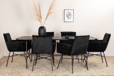 Venture Home Petra & Uno 6 st Matstolar Svart + Rektangulärt Matbord 200 x 90 Svart