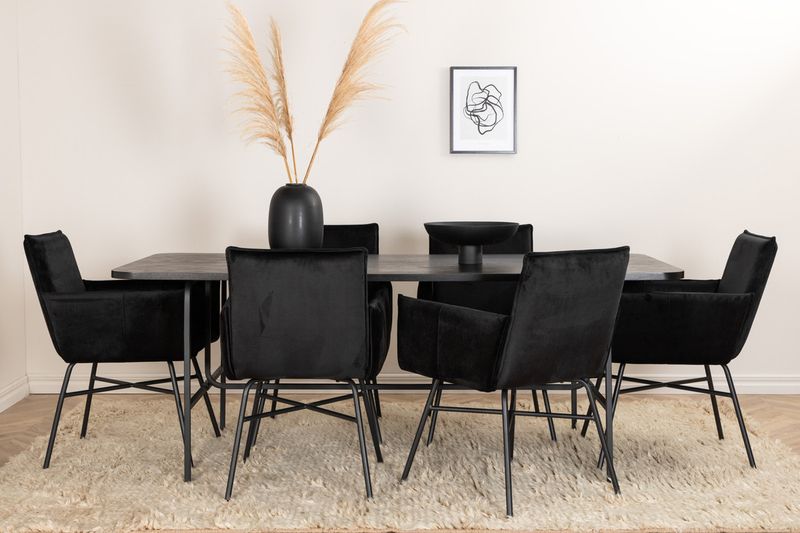 Venture Home Petra & Uno 6 st Matstolar Svart + Rektangulärt Matbord 200 x 90 Svart