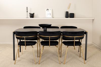 Venture Home Arrow & Pelle 6 st Matstolar Svart + Rektangulärt Matbord 190 x 90 Svart