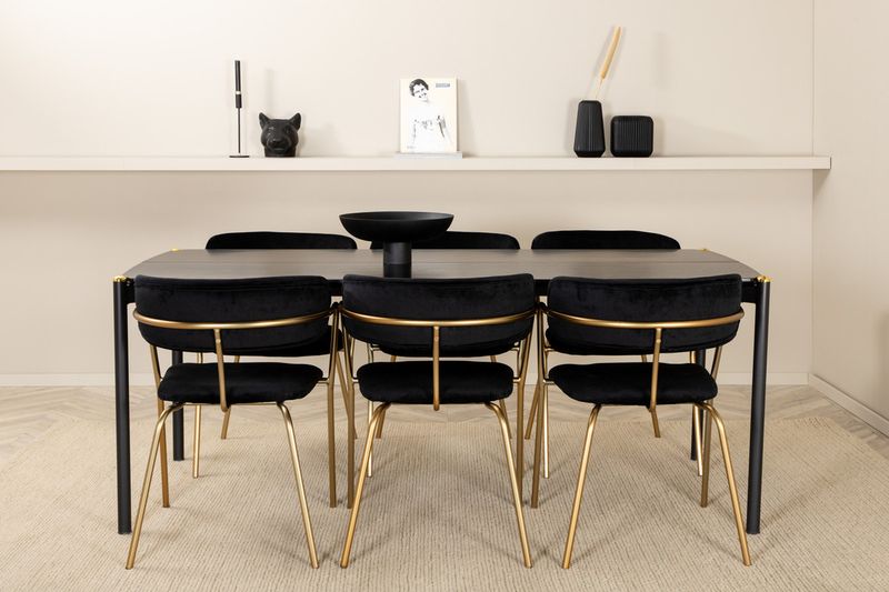 Venture Home Arrow & Pelle 6 st Matstolar Svart + Rektangulärt Matbord 190 x 90 Svart