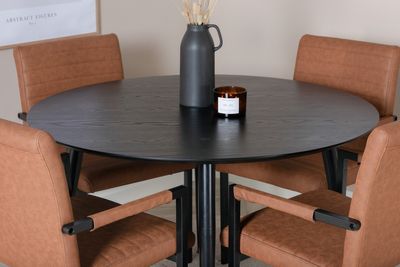Venture Home Dipp & Art Runt Matbord ⌀115 Svart + 4 st Matstolar Brun