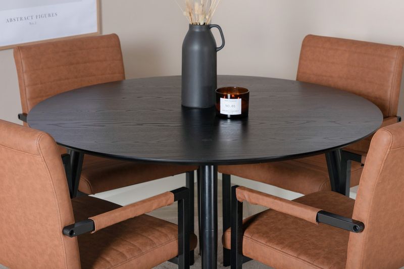 Venture Home Dipp & Art Runt Matbord ⌀115 Svart + 4 st Matstolar Brun