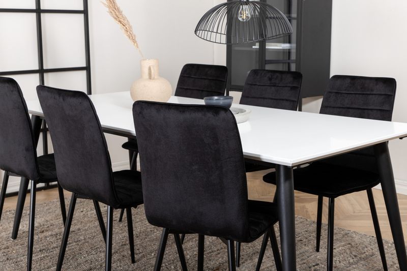 Venture Home Jimmy & Windu Rektangulärt Matbord 195 x 90 Vit + 6 st Matstolar Svart