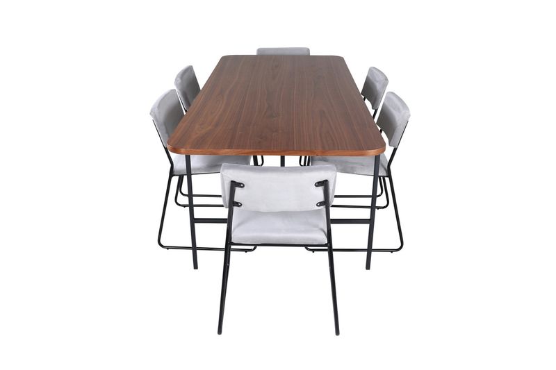 Venture Home Kenth & Uno 6 st Matstolar Grå + Rektangulärt Matbord 200 x 90 Natur