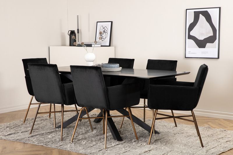 Venture Home Petra & Piazza 6 st Matstolar Svart + Rektangulärt Matbord 180 x 90 Svart