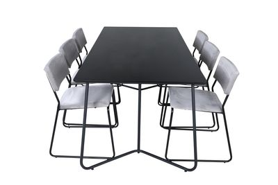 Venture Home Kenth & Petra 6 st Matstolar Grå + Rektangulärt Matbord 190 x 90 Svart