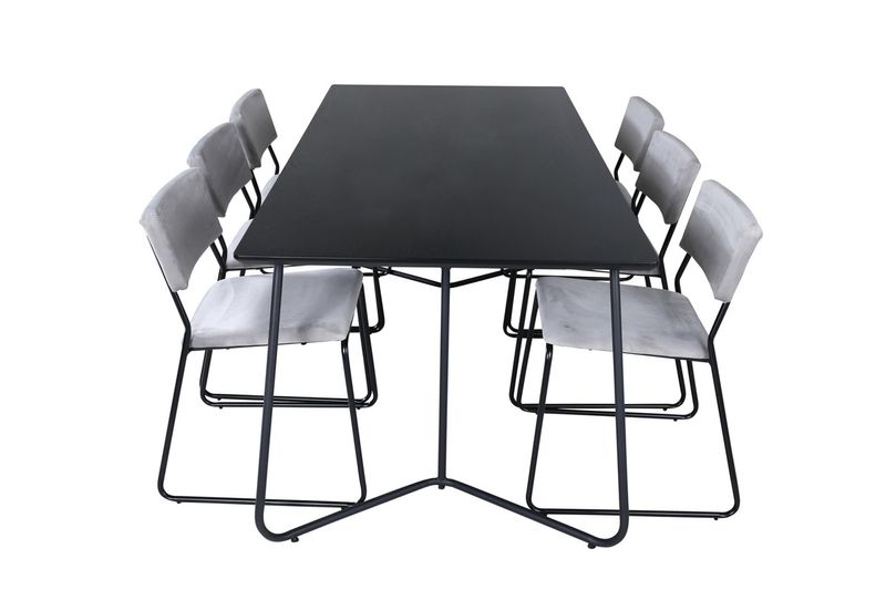 Venture Home Kenth & Petra 6 st Matstolar Grå + Rektangulärt Matbord 190 x 90 Svart