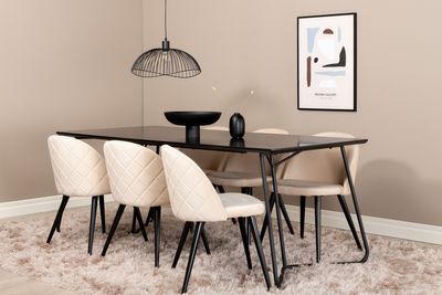 Venture Home Petra & Velvet Rektangulärt Matbord 190 x 90 Svart + 6 st Matstolar Beige