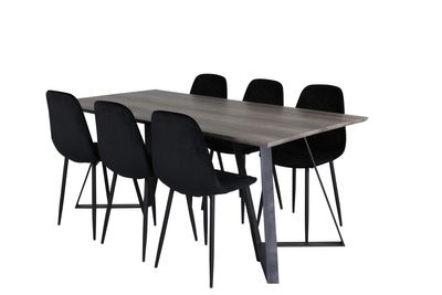 Venture Home Polar & Marina 6 st Matstolar Svart + Rektangulärt Matbord 180 x 90 Natur