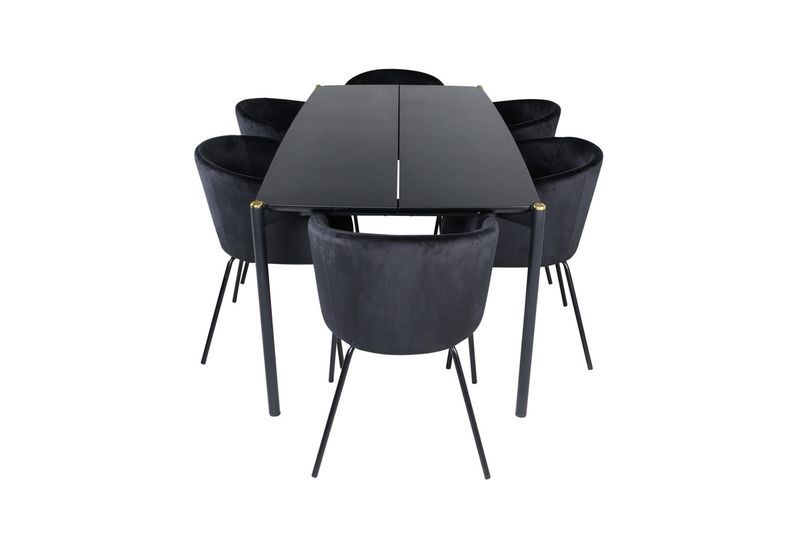 Venture Home Berit & Pelle 6 st Matstolar Svart + Rektangulärt Matbord 190 x 90 Svart