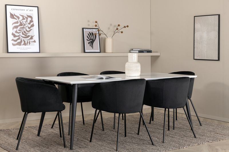 Venture Home Berit & Jimmy 6 st Matstolar Svart + Rektangulärt Matbord 195 x 90 Vit