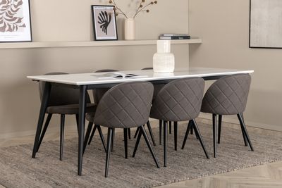 Venture Home Jimmy & Velvet Rektangulärt Matbord 195 x 90 Vit + 6 st Matstolar Grå