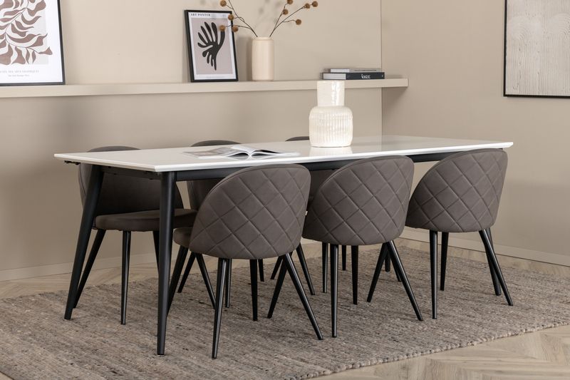 Venture Home Jimmy & Velvet Rektangulärt Matbord 195 x 90 Vit + 6 st Matstolar Grå