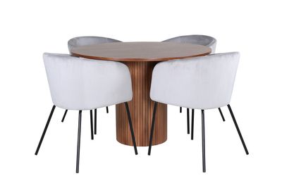 Venture Home Berit & Bianca 4 st Matstolar Grå + Runt Matbord ⌀110 Valnöt