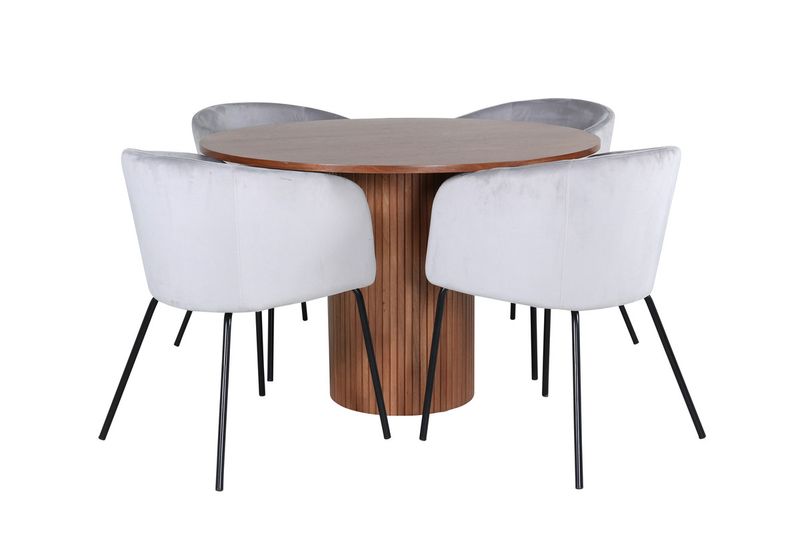 Venture Home Berit & Bianca 4 st Matstolar Grå + Runt Matbord ⌀110 Valnöt