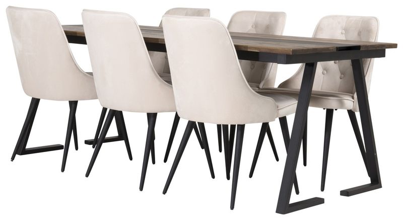 Venture Home Jakarta & Velvet Deluxe Rektangulärt Matbord 200 x 90 Svart + 6 st Matstolar Beige