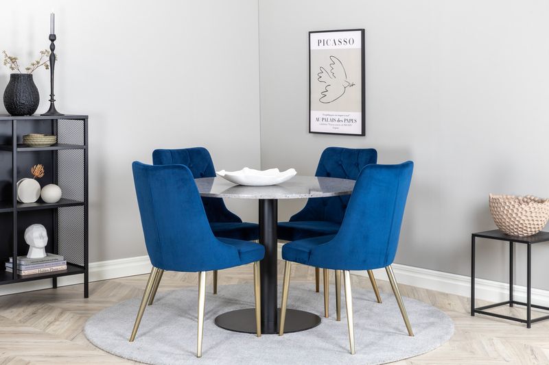 Venture Home Razzia & Velvet Deluxe Runt Matbord ⌀106 Grå + 4 st Matstolar Blå