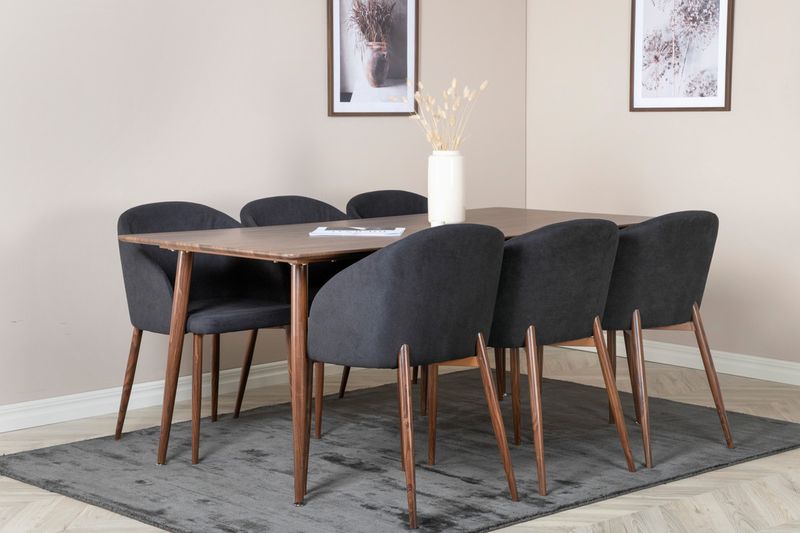 Venture Home Arch & Polar 6 st Matstolar Svart + Rektangulärt Matbord 180 x 75 x 90 Valnöt
