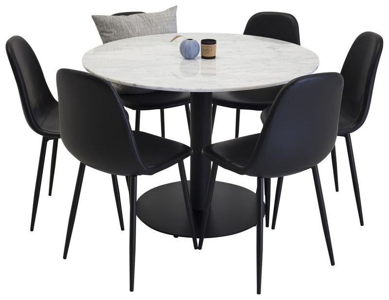 Venture Home Polar & Estelle 6 st Matstolar Svart + Runt Matbord ⌀106 Vit