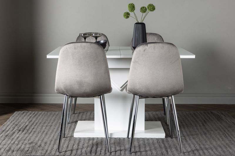 Venture Home Pluto & Eva Rektangulärt Matbord 120 x 90 Vit + 4 st Matstolar Ljusgrå