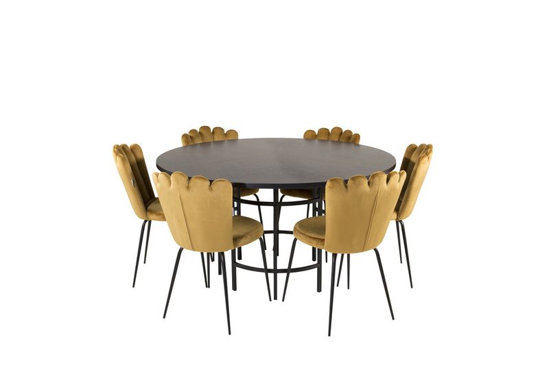 Venture Home Limhamn & Copenhagen 6 st Matstolar Gul + Runt Matbord ⌀140 Svart