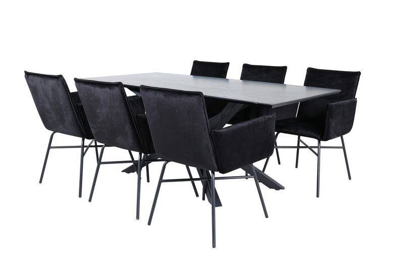 Venture Home Petra & Piazza 6 st Matstolar Svart + Rektangulärt Matbord 180 x 90 Svart