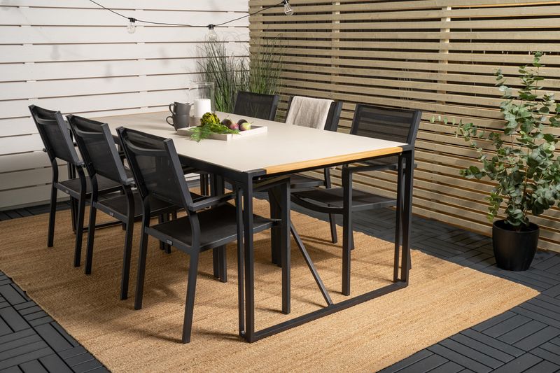 Venture Home Copacabana & Texas 6 st Matstolar Svart + Rektangulärt Matbord 200 x 100 Ljusgrå