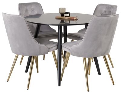 Venture Home Velvet Deluxe & Plaza 4 st Matstolar Grå + Runt Matbord ⌀100 Svart