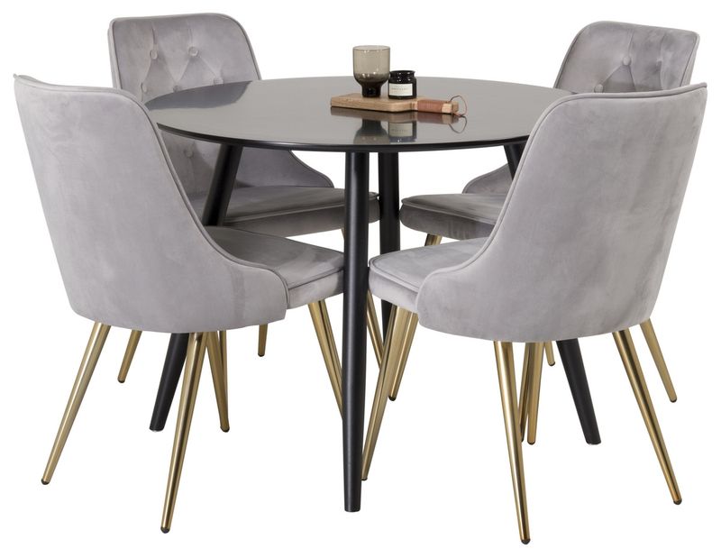 Venture Home Velvet Deluxe & Plaza 4 st Matstolar Grå + Runt Matbord ⌀100 Svart